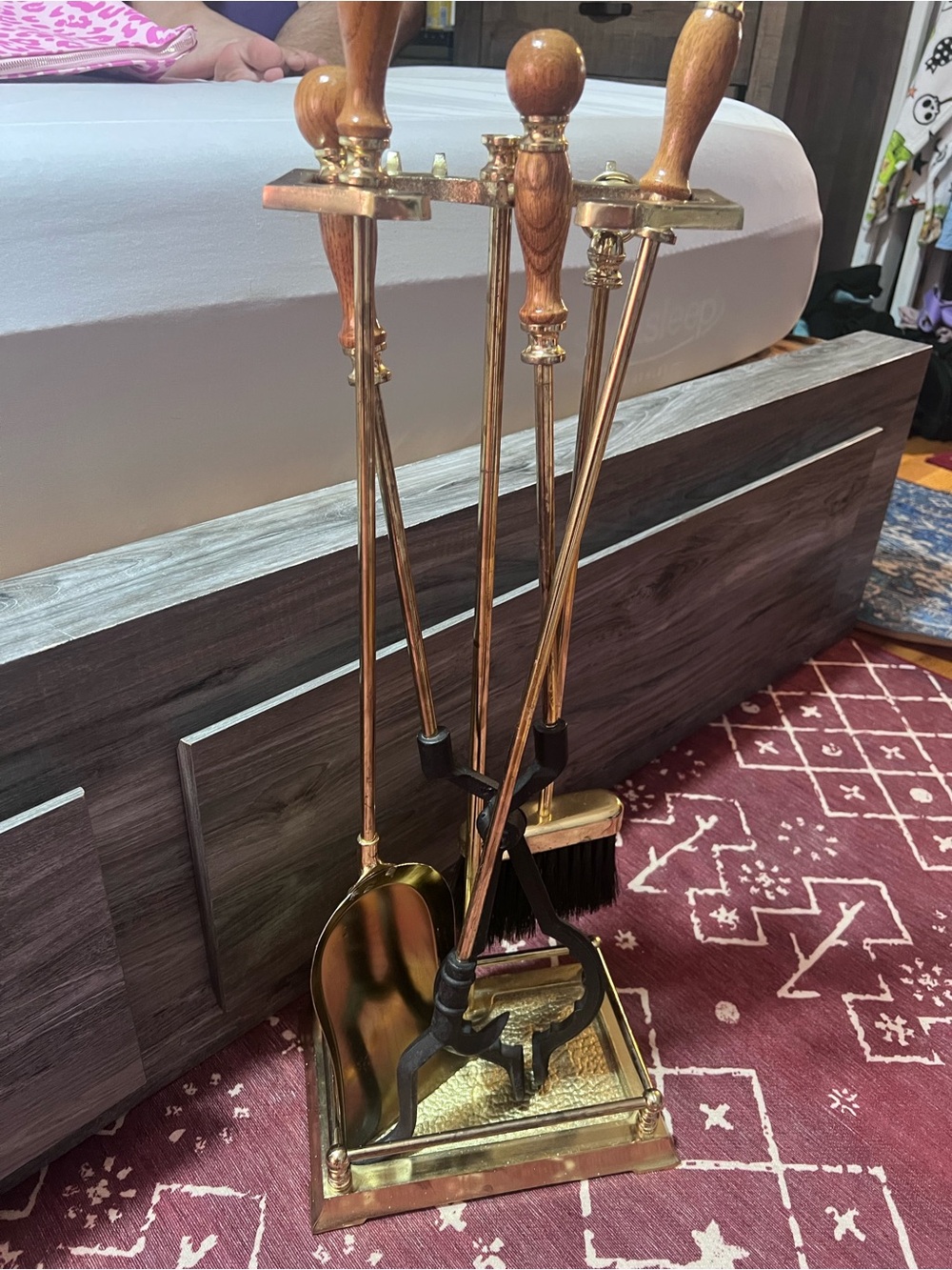 Brass Fireplace Tool Set with Wood Handles